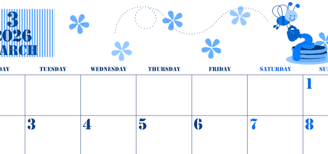 2026年3月横型月曜始まり パンケーキイラストのかわいいA4無料ブルーのカレンダー(2026-00850301)