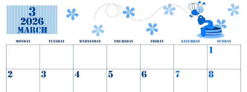 2026年3月横型月曜始まり パンケーキイラストのかわいいA4無料ブルーのカレンダー(2026-00850301)
