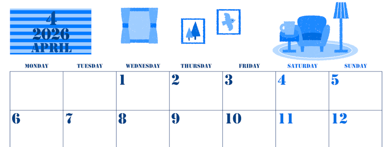 2026年4月横型月曜始まり 新生活イラストのかわいいA4無料ブルーのカレンダー(2026-00850401)