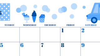 2026年5月横型月曜始まり アイスクリームのイラストがかわいいA4無料ブルーのカレンダー(2026-00850501)