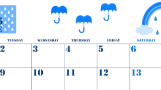 2026年6月横型月曜始まり 虹イラストのかわいいA4無料ブルーのカレンダー(2026-00850601)