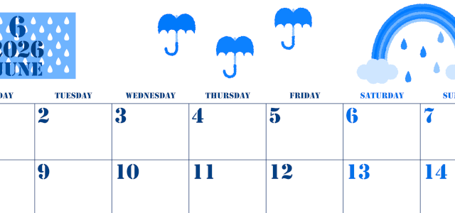 2026年6月横型月曜始まり 虹イラストのかわいいA4無料ブルーのカレンダー(2026-00850601)