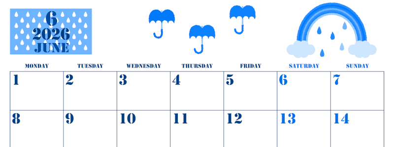 2026年6月横型月曜始まり 虹イラストのかわいいA4無料ブルーのカレンダー(2026-00850601)