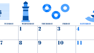 2026年7月横型月曜始まり マリンなイラストのかわいいA4無料ブルーのカレンダー(2026-00850701)