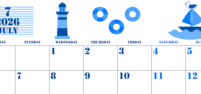 2026年7月横型月曜始まり マリンなイラストのかわいいA4無料ブルーのカレンダー(2026-00850701)