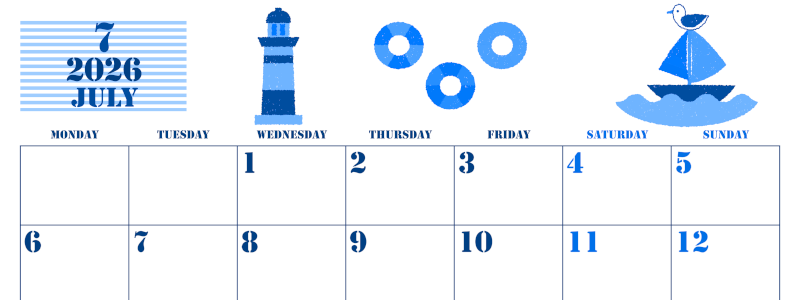 2026年7月横型月曜始まり マリンなイラストのかわいいA4無料ブルーのカレンダー(2026-00850701)