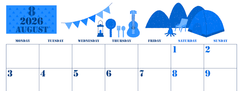 2026年8月横型月曜始まり 夏休みイラストのかわいいA4無料ブルーのカレンダー(2026-00850801)