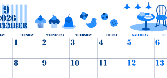 2026年9月横型月曜始まり 食欲の秋イラストのかわいいA4無料ブルーのカレンダー(2026-00850901)