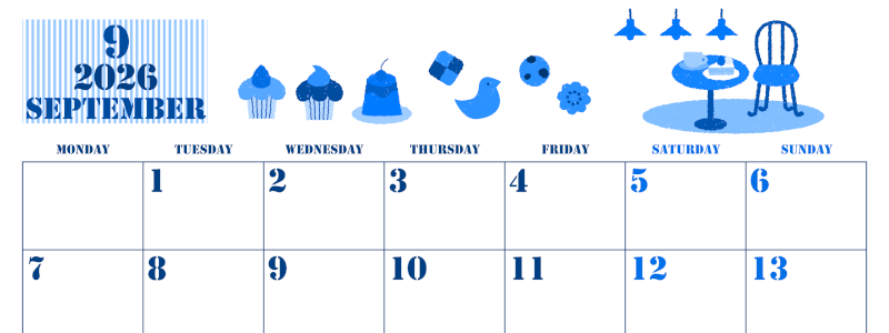 2026年9月横型月曜始まり 食欲の秋イラストのかわいいA4無料ブルーのカレンダー(2026-00850901)