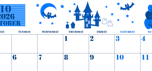 2026年10月横型月曜始まり ハロウィンイラストがかわいいA4無料ブルーのカレンダー(2026-00851001)