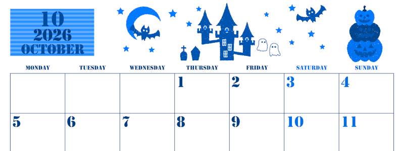 2026年10月横型月曜始まり ハロウィンイラストがかわいいA4無料ブルーのカレンダー(2026-00851001)