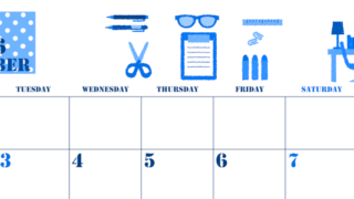 2026年11月横型月曜始まり 文房具イラストのかわいいA4無料ブルーのカレンダー(2026-00851101)