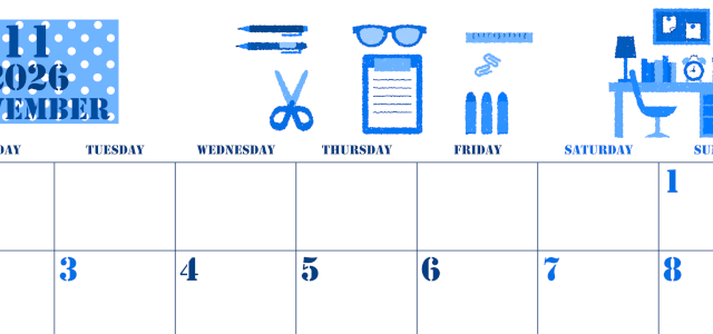 2026年11月横型月曜始まり 文房具イラストのかわいいA4無料ブルーのカレンダー(2026-00851101)