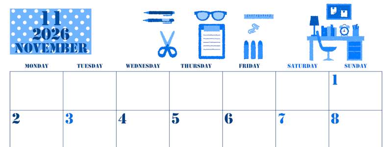 2026年11月横型月曜始まり 文房具イラストのかわいいA4無料ブルーのカレンダー(2026-00851101)