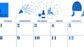 2026年12月横型月曜始まり パーティーのイラストがかわいいA4無料ブルーのカレンダー(2026-00851201)