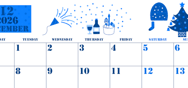 2026年12月横型月曜始まり パーティーのイラストがかわいいA4無料ブルーのカレンダー(2026-00851201)