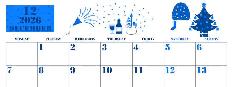 2026年12月横型月曜始まり パーティーのイラストがかわいいA4無料ブルーのカレンダー(2026-00851201)