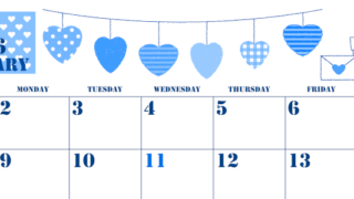 2026年2月横型日曜始まり ラブレターイラストのかわいいA4無料ブルーのカレンダー(2026-00850200)