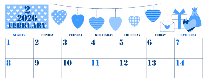 2026年2月横型日曜始まり ラブレターイラストのかわいいA4無料ブルーのカレンダー(2026-00850200)