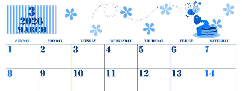 2026年3月横型日曜始まり パンケーキイラストのかわいいA4無料ブルーのカレンダー(2026-00850300)