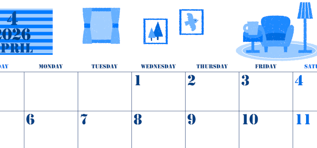 2026年4月横型日曜始まり 新生活イラストのかわいいA4無料ブルーのカレンダー(2026-00850400)