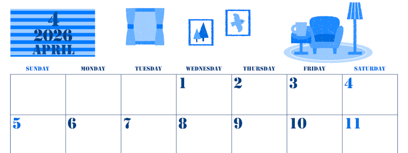 2026年4月横型日曜始まり 新生活イラストのかわいいA4無料ブルーのカレンダー(2026-00850400)