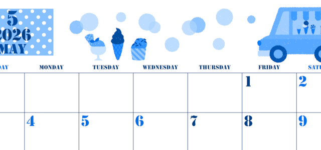 2026年5月横型日曜始まり アイスクリームのイラストがかわいいA4無料ブルーのカレンダー(2026-00850500)