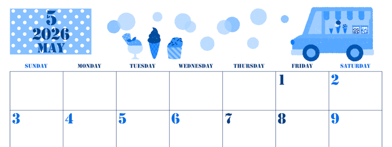 2026年5月横型日曜始まり アイスクリームのイラストがかわいいA4無料ブルーのカレンダー(2026-00850500)
