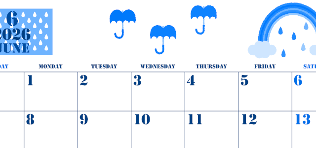 2026年6月横型日曜始まり 虹イラストのかわいいA4無料ブルーのカレンダー(2026-00850600)