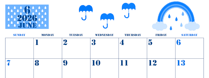 2026年6月横型日曜始まり 虹イラストのかわいいA4無料ブルーのカレンダー(2026-00850600)