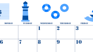 2026年7月横型日曜始まり マリンなイラストのかわいいA4無料ブルーのカレンダー(2026-00850700)