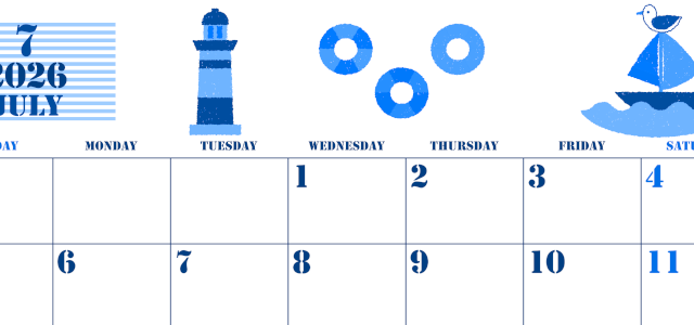 2026年7月横型日曜始まり マリンなイラストのかわいいA4無料ブルーのカレンダー(2026-00850700)