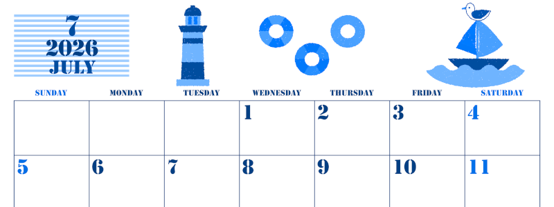 2026年7月横型日曜始まり マリンなイラストのかわいいA4無料ブルーのカレンダー(2026-00850700)