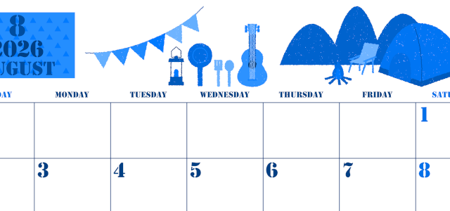 2026年8月横型日曜始まり 夏休みイラストのかわいいA4無料ブルーのカレンダー(2026-00850800)