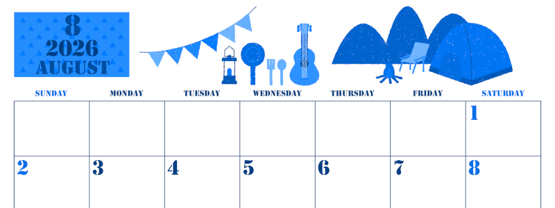 2026年8月横型日曜始まり 夏休みイラストのかわいいA4無料ブルーのカレンダー(2026-00850800)