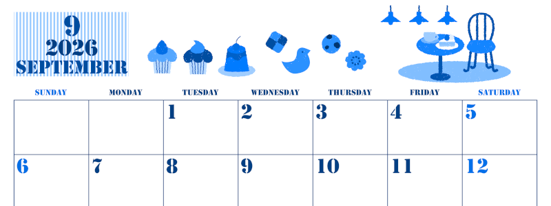 2026年9月横型日曜始まり 食欲の秋イラストのかわいいA4無料ブルーのカレンダー(2026-00850900)