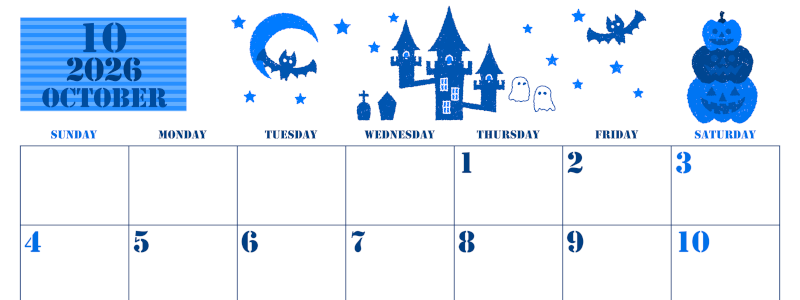 2026年10月横型日曜始まり ハロウィンイラストがかわいいA4無料ブルーのカレンダー(2026-00851000)