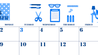 2026年11月横型日曜始まり 文房具イラストのかわいいA4無料ブルーのカレンダー(2026-00851100)