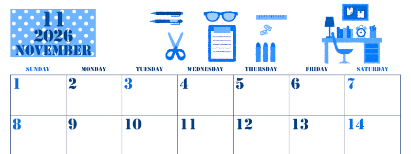 2026年11月横型日曜始まり 文房具イラストのかわいいA4無料ブルーのカレンダー(2026-00851100)