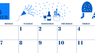 2026年12月横型日曜始まり パーティーのイラストがかわいいA4無料ブルーのカレンダー(2026-00851200)