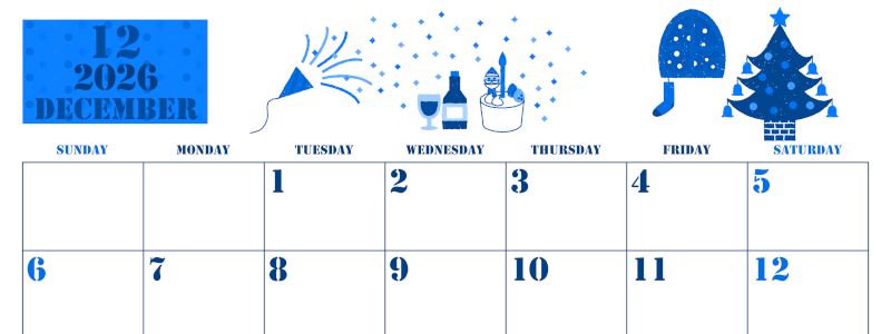 2026年12月横型日曜始まり パーティーのイラストがかわいいA4無料ブルーのカレンダー(2026-00851200)