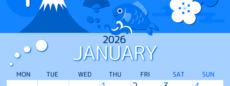 2026年1月縦型月曜始まり 和風な新春イラストのかわいいA4無料ブルーのカレンダー(2026-00870111)