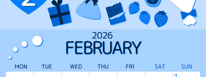 2026年2月縦型月曜始まり プレゼントがかわいいイラストA4無料ブルーのカレンダー(2026-00870211)