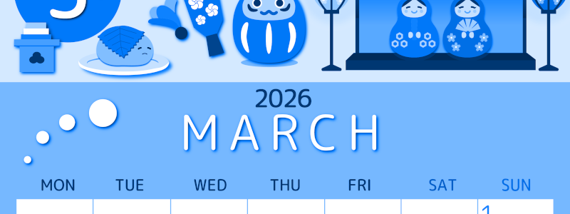 2026年3月縦型月曜始まり 桜花弁イラストのかわいいA4無料ブルーのカレンダー(2026-00870311)