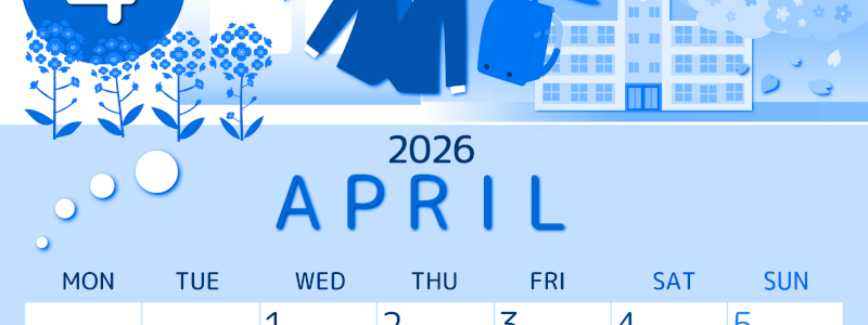 2026年4月縦型月曜始まり 入学式イラストのかわいいA4無料ブルーのカレンダー(2026-00870411)