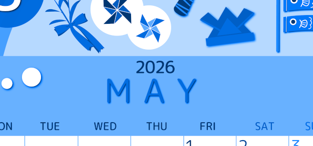2026年5月縦型月曜始まり イベントイラストのかわいいA4無料ブルーのカレンダー(2026-00870511)