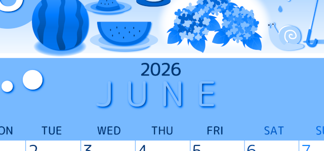 2026年6月縦型月曜始まり すいかイラストのかわいいA4無料ブルーのカレンダー(2026-00870611)