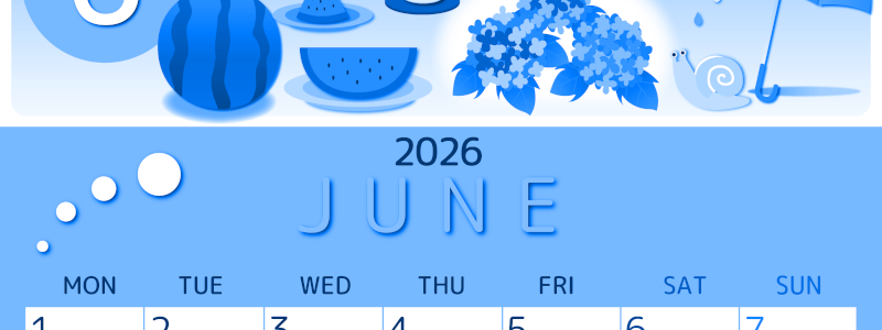 2026年6月縦型月曜始まり すいかイラストのかわいいA4無料ブルーのカレンダー(2026-00870611)