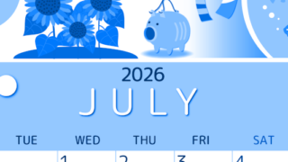 2026年7月縦型月曜始まり 蚊取り線香イラストのかわいいA4無料ブルーのカレンダー(2026-00870711)