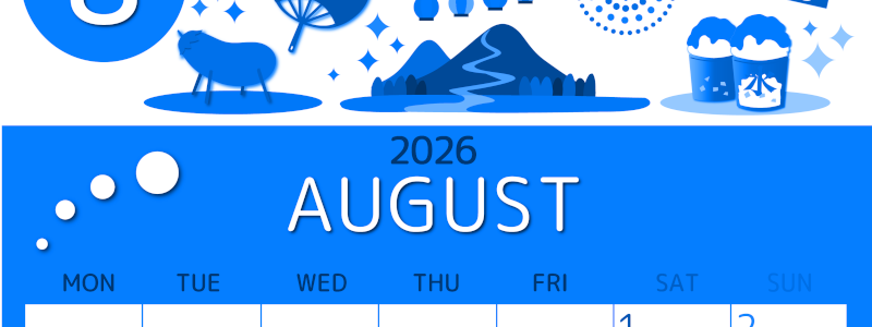2026年8月縦型月曜始まり 夏祭りイラストのかわいいA4無料ブルーのカレンダー(2026-00870811)